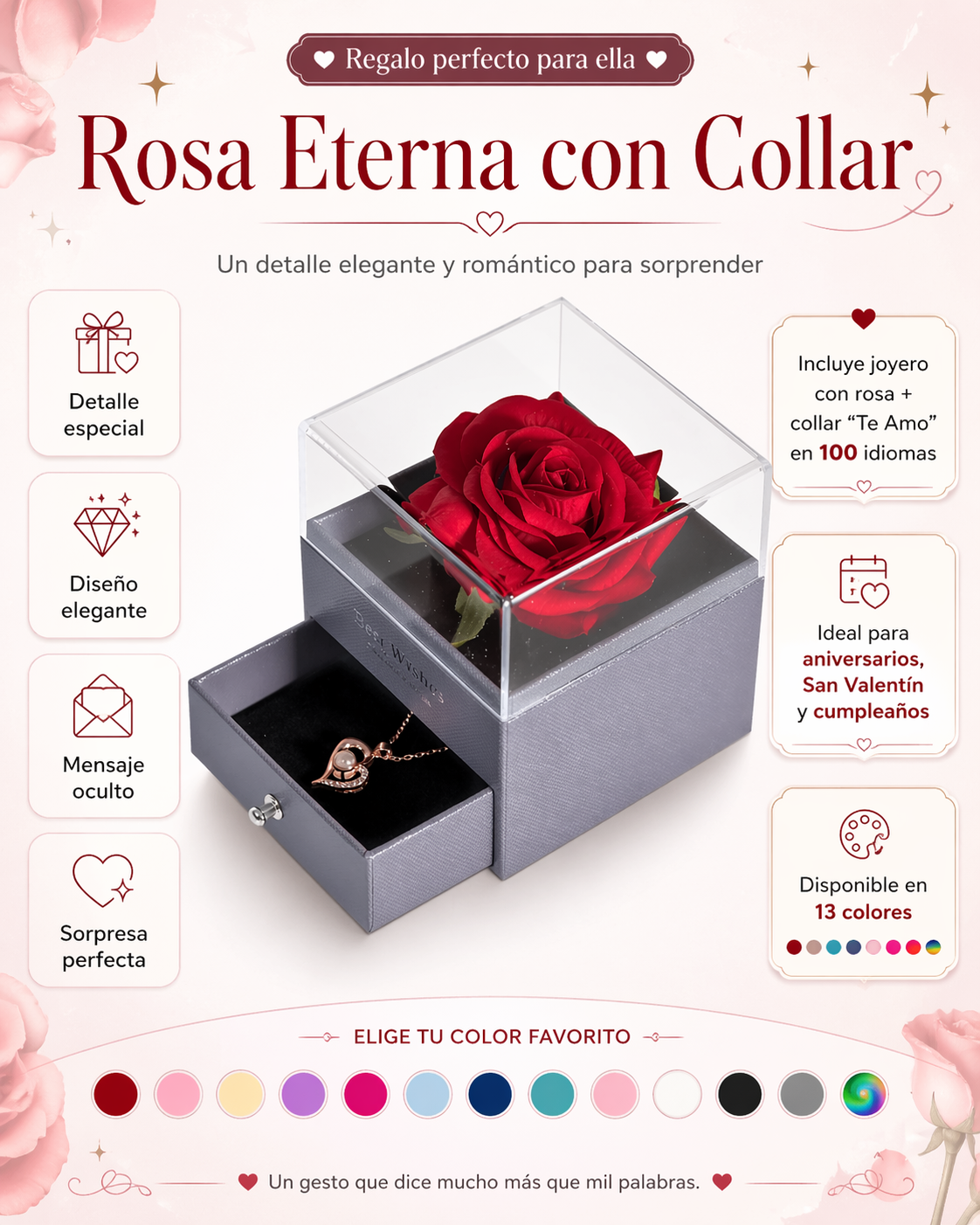 Rosa Eterna Oficial | Joyero con Collar “Te Amo” en 100 Idiomas