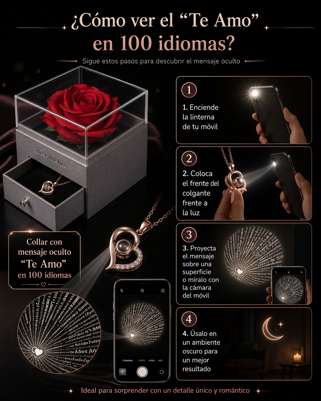 Rosa Eterna Oficial | Joyero con Collar “Te Amo” en 100 Idiomas