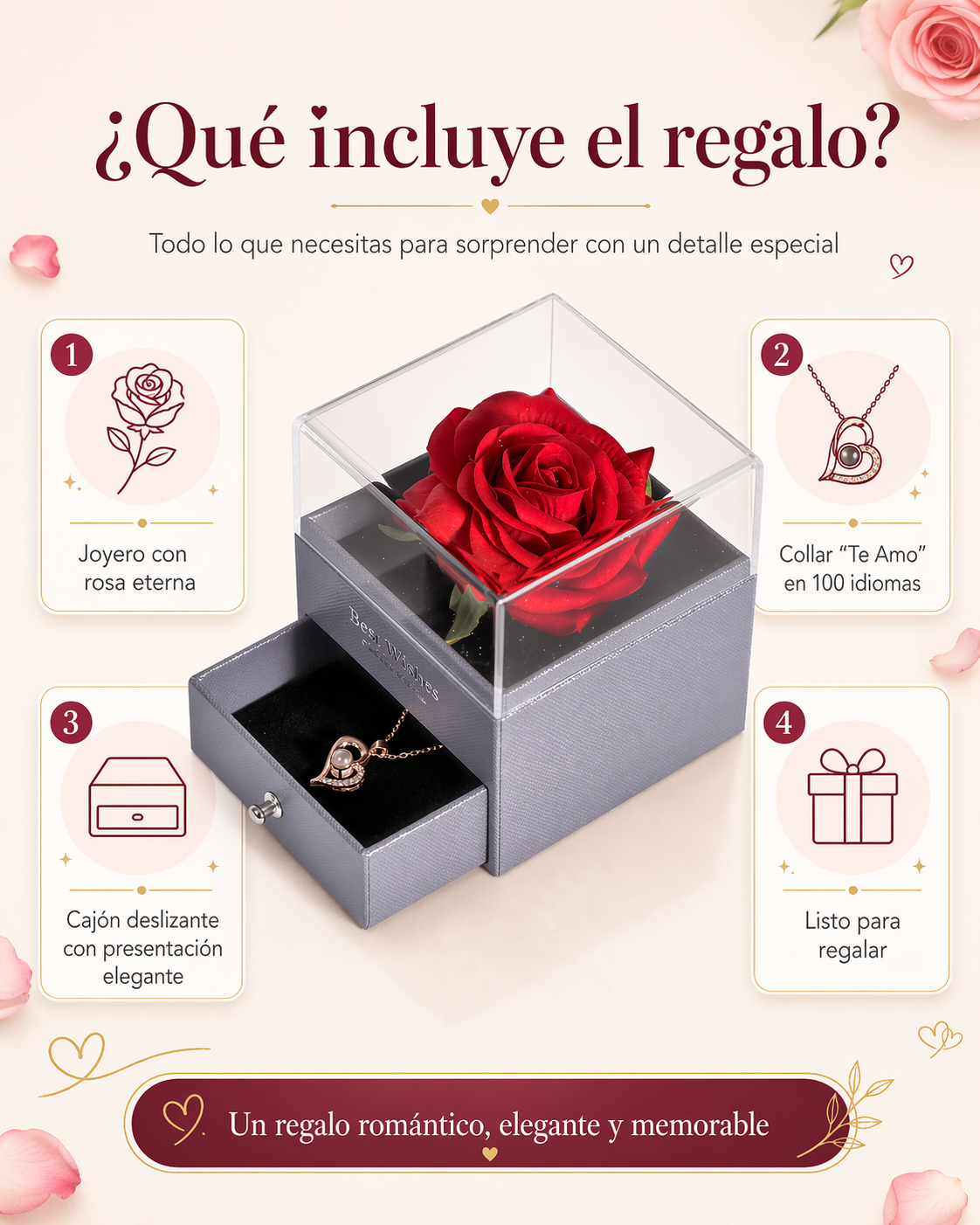 Rosa Eterna Oficial | Joyero con Collar “Te Amo” en 100 Idiomas